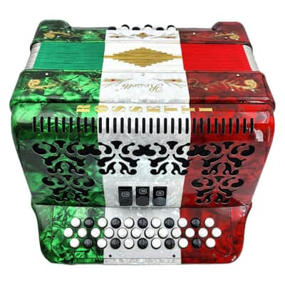 Rossetti 3412-FBE-RWG 3 Row, 3-Switch, 34 Treble, 12 Bass Diatonic Button Accordion in Red/White/Green - F, B, E Tuning image 3