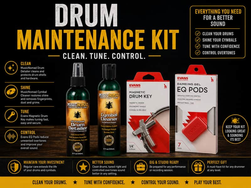 Drum Maintenance Kit | MusicNomad Drum Care, Evans EQ Pods & Magnetic Drum Key image 1