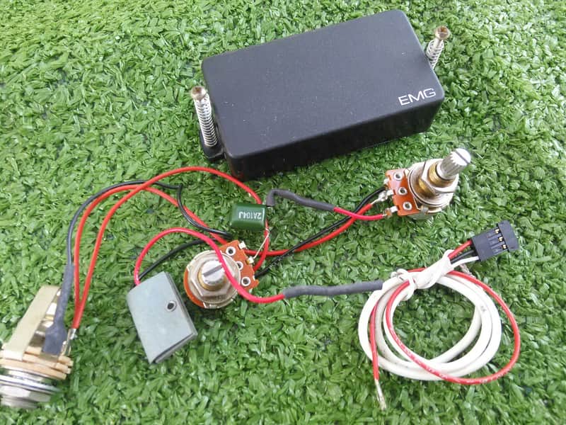 EMG Genuine USA EMG model 81 JJ Hot Bridge Position Noiseless Humbucking Pickup With Wiring Harness Original 25k Pots For Volume And Tone And Input Jack With 9v Battery Clip And Quick Connector For The Pickup Original Factory Black Color image 1