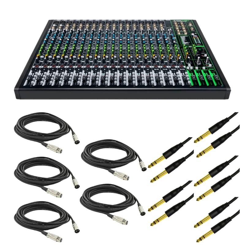 Mackie ProFX22v3 22-Channel Mixer with USB and Effects with Calrad 55-853G-6 3 Conductor 1/4" Stereo Plug to 1/4" Stereo Plug 6' Long - Gold, XLR Cable, and a Polishing Cloth image 1