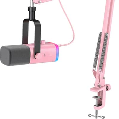 XLR Gaming Microphone USB, PC Dynamic Microphone Kit for Vocal, Recording, Podcast, Streaming RGB Mic with Headphone Jack, Mute Button, Boom Arm Stand for Computer/Mixer-AmpliGame AM8T Pink image 1