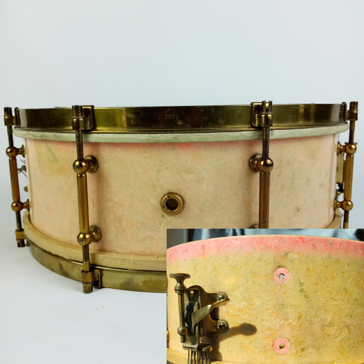 Leedy Pink/Rose Marine Pearl 5x14" 8-Tube Lug Indianapolis Snare Drum Nobby Gold — main photograph