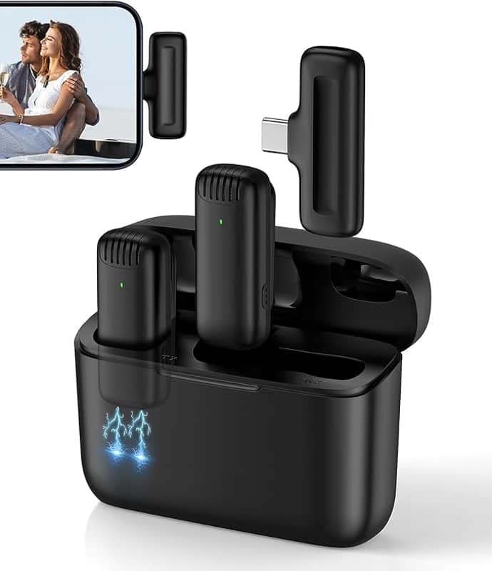 2Pcs Mini Wireless Microphone USB C Lavalier Mic for iPhone 16 15 Series, Lapel Type C Microfono Para Android Phone with Charging Case 48H Lav Mics Plug&Play for Video Recording Vlog Podcast YouTube image 1