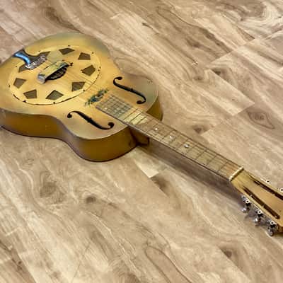 National Triolian "Anemone Bouquet" 1928 Yellow, very early wood body Tricone resonator guitar. image 6
