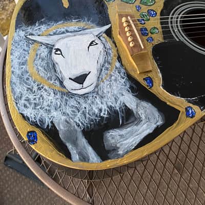 Custom Hand Painted Ibanez Deadnaught Guitar with Medieval Angus Dei Lamb of God design image 18