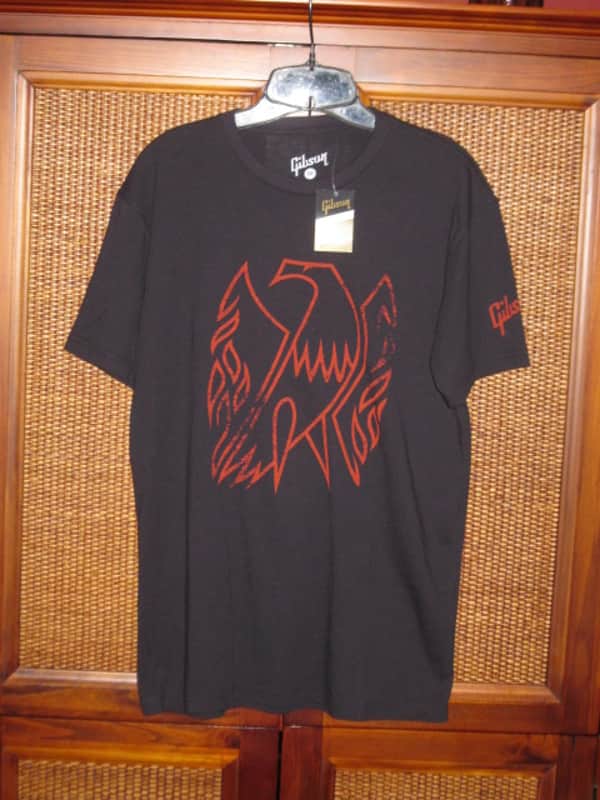 new A+ (with hang tag) genuine Gibson Firebird T-Shirt M (Medium), Black with Red Graphic, 60% Cotton / 40% Polyester - short sleeve GIBS-GA-FBBMM (GA-FBBMM) UPC # 711106533896 image 1