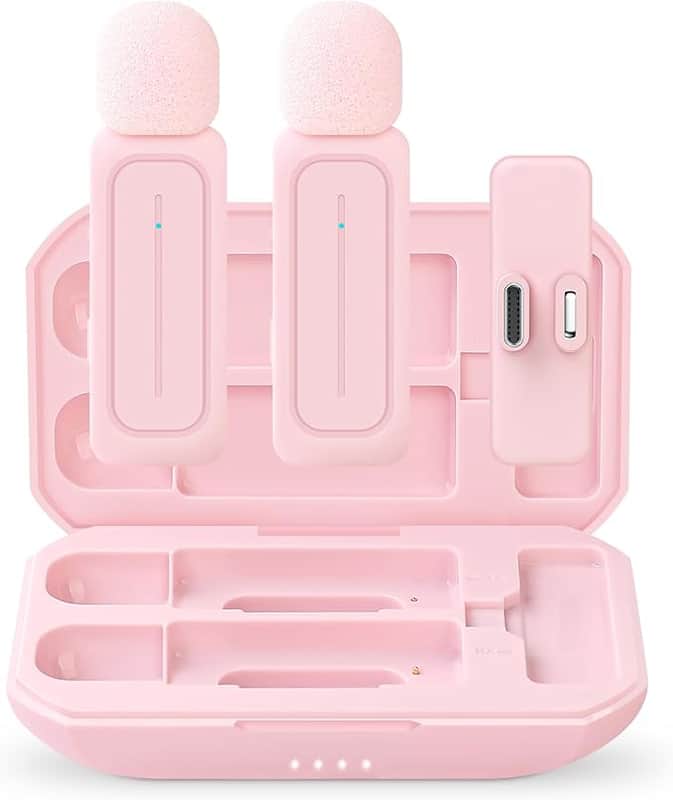 2 Pack Wireless Lavalier Microphone for iPhone iPad Android with Charging Case - 7H Clip on Lapel Microphone Wireless for Video Recording Vlogging, YouTube, Interview, 3 Mode Denoise (Pink) image 1