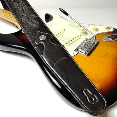 Walker & Williams LIP-07 Dark Bourbon Brown Carved Leather Spade Cut Strap with Tooled Cross and Thorns image 5