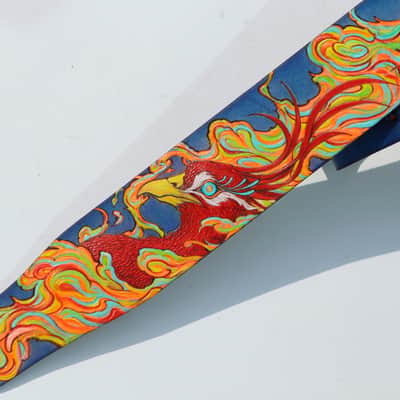 Burny Black handmade guitar strap leather - phoenix red/blue made to order - oil image 12