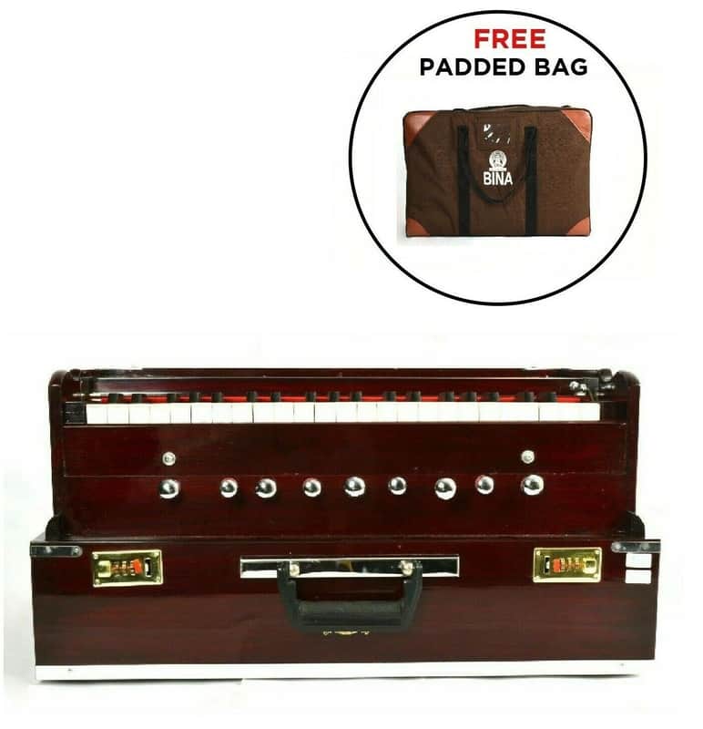 Handmade Harmonium With Padded Bag Original Bina Brand Professional 9 Stopper Portable - Natural image 1