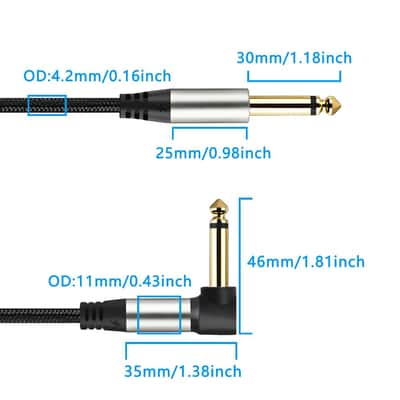 2-Pack Guitar Cables 1/4 Inch 6.35mm Male to Male Jack Right Angle to Straight Nylon Braided Mono Instrument Cable (6.6FT) image 2