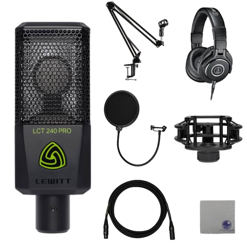 Lewitt LCT-240 Pro Cardioid Condenser Microphone with Lewitt LCT-40-SH Microphone Shock Mount, ATH-M40x Professional Studio Monitor Headphones, Gator Microphone Pop Filter, Professional Grade XLR Cable, StreamEye BOOMARM1 and Polishing Cloth image 1