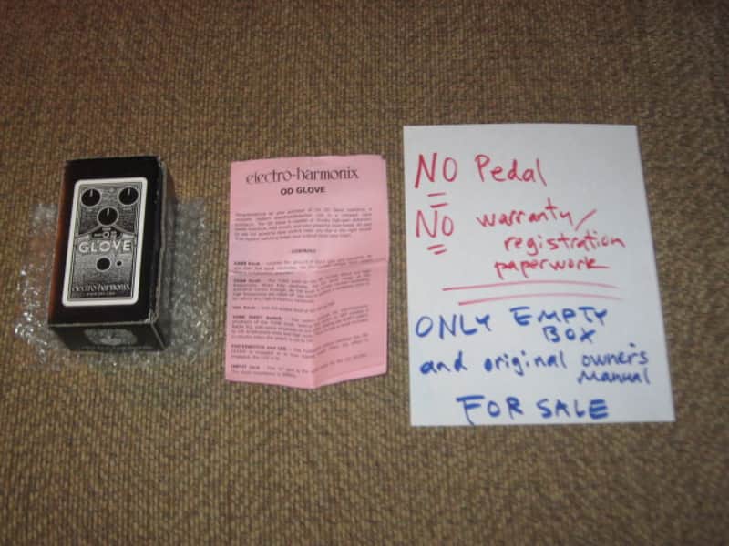lightly handled Electro-Harmonix EMPTY CARDBOARD BOX and original Owner's Manual ONLY for OD Glove Overdrive (NO pedal, NO warranty / registration paperwork) 2010s - BOX: cardboard - OUTER AREAS: gray // GRAPHIC: black & white, also purple & white image 1