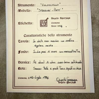 Angelo Sperzaga Violoncello "Stradivari - Piatti" Cremona, Italy 1994 with papers image 25