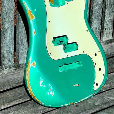 JVG - P Bass Body JB ROUTED ALDER WOOD GREEN Pearl Mist Patina Lacquer Thin Skin finish with AGED PICKGUARD included JVGuitars Reborn Old image 1