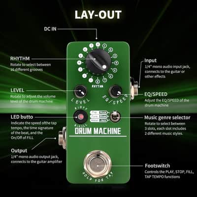 Drum Machine Guitar Pedal Drum Pedal with Real-Time FILL Function, Guitar Effect Pedal with 48 Drum Grooves 6 Music Styles & Tap Tempo EQ Presets, 44.1kHz/24Bit Mini Pedal image 2