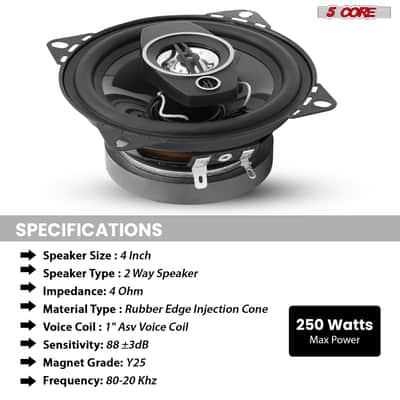 5 Core Car Audio 4 inch Coaxial Speakers Pair 2 Way 250W 4Ohm Replacement Driver w Dome Tweeters image 11
