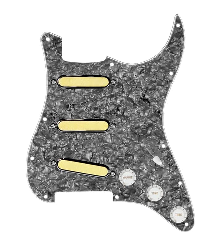 920D Custom Gold Foil Loaded Pickguard For Strat With White Pickups and Knobs, Black Pearl Pickguard For Strat, and S7W Wiring Harness image 1