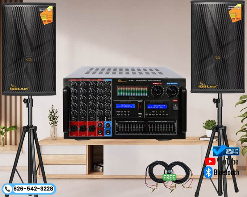 IDOLmain 8000W Professional Rated 15" Thunder Speakers Pair with Full Functions Console Mixing Amplifier IP-6800 Home Karaoke System image 1