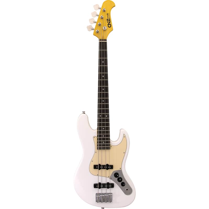 CNZ Audio JB Mini Electric Bass Guitar - Maple Neck, Ivory Pickguards, Rosewood Fingerboard, White image 1