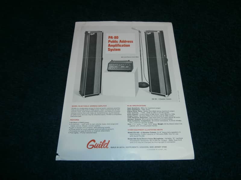 Vintage 1970's Guild PA-80, PA-200 PA System Spec. Sheet! Original Paper! image 1