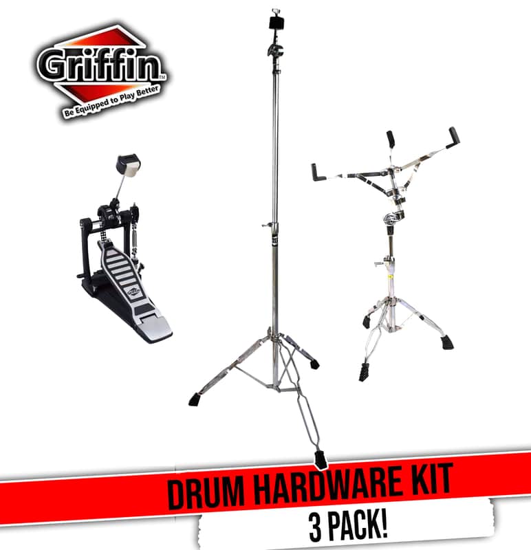 GRIFFIN 3 Pack Drum Hardware Kit (Percussion TiltPro X Edition) – Kick Pedal, Snare Stand & Cymbal Stand – Chrome Double Chain Foot Pedal & Clamp Basket for Intense Play image 1