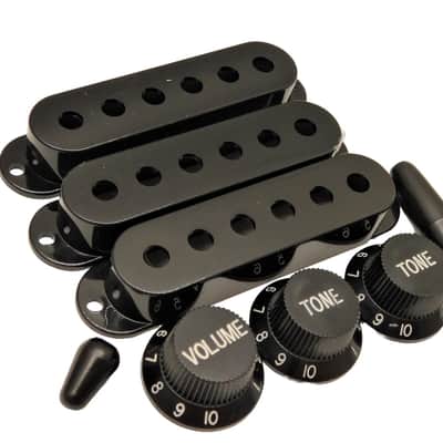Black 3-ply Strat SSS Pickguard Kit , Black knobs, and Black Covers USA SHIP image 3