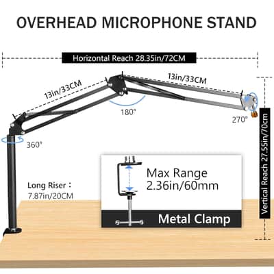 Overhead Mic Boom Arm Stand,Desk Microphone Boom Arm Stand With High Riser, Adjustable Scissor Arm Stand With Metal Clamp,3/8" To 5/8" Adapter For Blue Yeti Snowball, Hyperx Quadcast, Yeti image 4