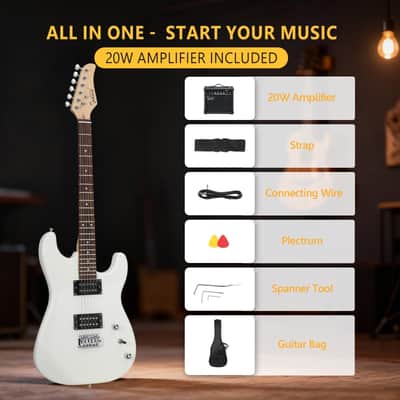 Glarry GST Electric Guitar HH Pickup w/20W Amplifier - White image 3