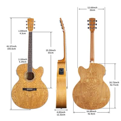 TARIO 41'' Acoustic Electric Cutaway Guitar Antique Jumbo Body Curly Ash body Okoume Neck Natural image 5