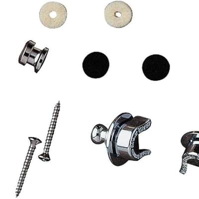 Guitar Strap Lock with Chrome Buttons and Wood Mounting Screws, 1 Set of 2 Security Guitar Strap Locks for Guitar and Guitar Strap, Black and White Felt Washers, 1 Set image 1