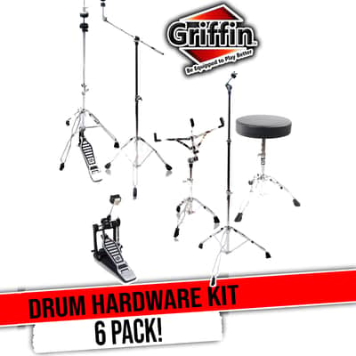 GRIFFIN 6 Piece Drum Hardware Pack (Percussion TiltPro X Edition) – Full Stand Kit with Snare, Hi-Hat, Cymbal Boom, Kick Pedal & Throne for Gigs or Studio image 1
