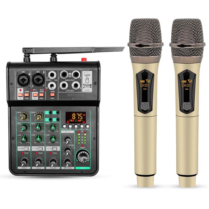 Audio Mixer Sound Board 4 Channel Xlr Stereo Receiver W Bluetooth Usb Microphone Pa Karaoke Music Podcast Mixing Soundboard Mini Mezcladora Para Dj - Mx 4Ch 2Mic Gld image 1
