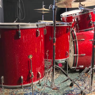 Frankie Banali's Quiet Riot - Leedy & Ludwig Restored 6-Piece Set, 24", 20", 16", 13", 12", 14x5" Matching Snare! Immaculate 1950-1955 - Sparkling Red Pearl image 9