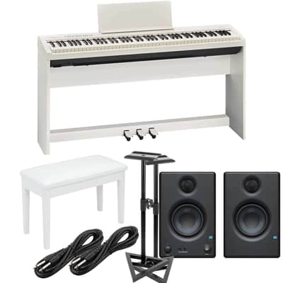 Roland FP-30X Digital Piano with Speakers (White), KSC-70WH - KPD-70WH, Bonnlo Padded Bench, Presonus Eris3.5, Monitor Stands, (2) 1/4 Cables Bundle