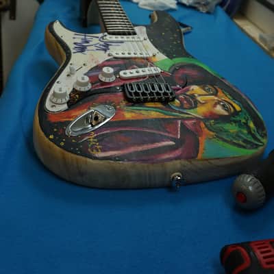 Unique Custom Jimi Hendrix hand painted guitar left handed stratocaster black & natural wood image 1