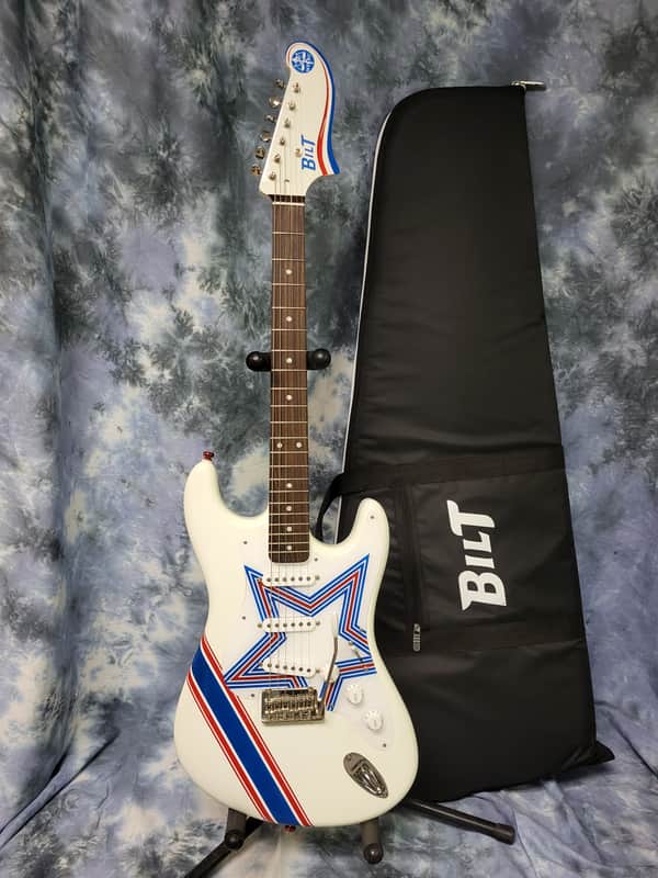 Video Demo 2021 Mint BiLT White Red Blue Stripe MERC Model Lindy Fralin Blues Pickups Trem Custom Design Pro Setup BiLT Gigbag image 1