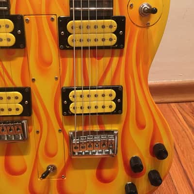 Custom Made 6 + 6 Baritone Solid Body Doubleneck Guitar 2022 Yellow w/ Flames image 4