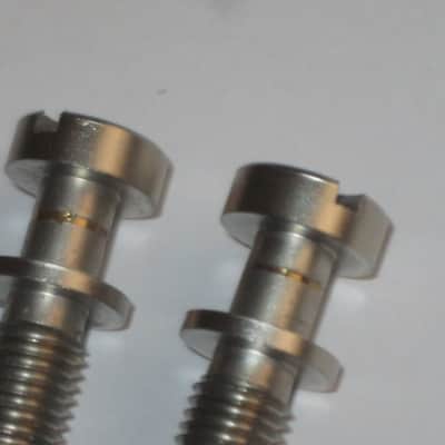 ONE pair of used (lightly relic'd) Gibson (API) Brushed Satin NICKEL finish STUDS (mounting pieces) and Silver finish ANCHORS (inserts) from 2014, for PTTP Brushed Satin NICKEL Finish Stop Bar Tailpiece (Stop Bar Tailpiece NOT included) image 11