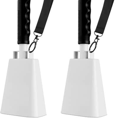 Cow Bell, 2 Pack Cheering Cowbells for Sporting Events, 10 Inch Large Cow Bells Noise Makers, Solid White Steel Hand Bell Chimes Alarm for Football Games, School, Percussion Musical Instruments image 1