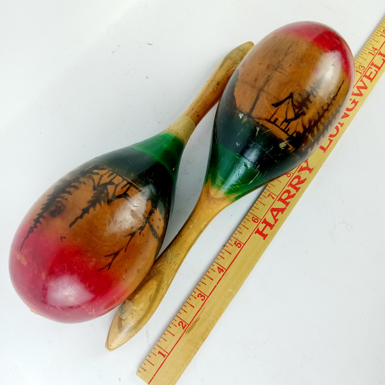 Maracas Vintage Set 2x Shakers 13" Hand Painted Forest-Tree House/Cabin Scene* — main photograph