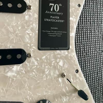 Fender Pure Vintage ‘59 Loaded Pickguard 70th Anniversary Player Stratocaster Staggered Single Coil Strat Pickups White Pearloid Black Pickup Covers Knobs image 2