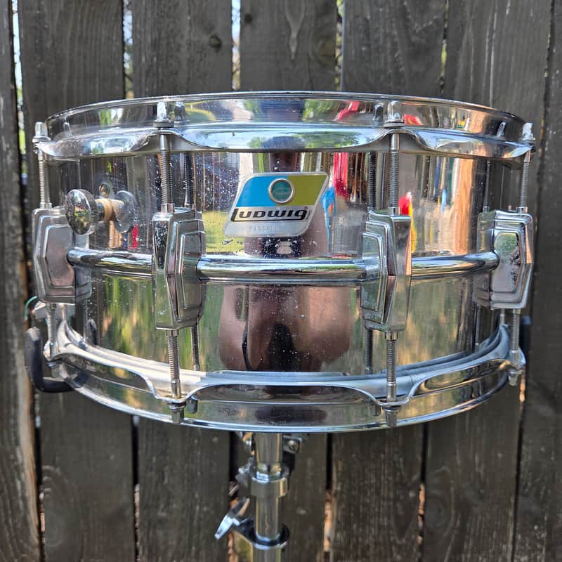Ludwig No. 402 Supraphonic 6.5x14" 10-Lug Aluminum Snare Drum with Rounded Blue/Olive Badge 1979 - 1984 - Chrome-Plated image 1