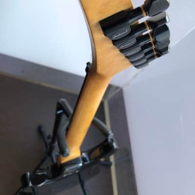 1991 MIJ Charvel Archtop Dinky DKA-110-HH, MoP Sharkfin, Superb, Trans Black, Vintage Gig Bag image 9