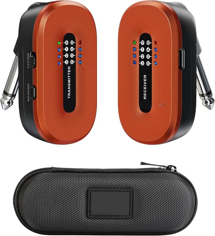 Wireless Guitar System 5.8GHz Wireless Guitar Transmitter Receiver for Active or Passive Pickup Electric/Acoustic Bass Guitar, ORANGE image 1