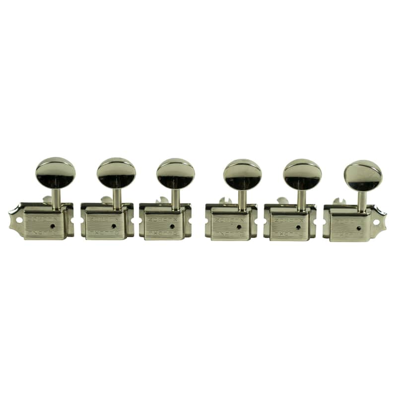 Kluson 6 In Line Left Hand Deluxe Series Tuning Machines - Double Line - SafeTi Post - Nickel With Oval Metal Buttons image 1