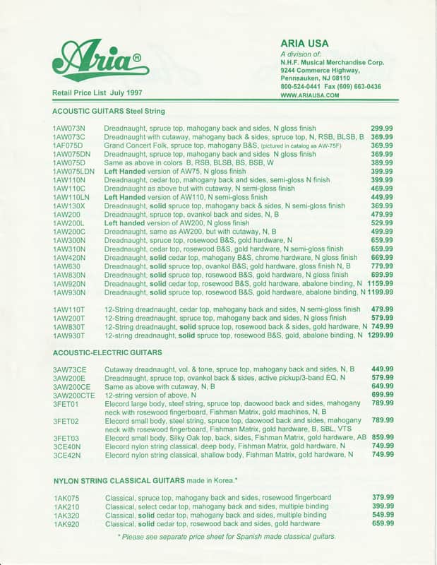 Aria- Retail Price List, July 1997 image 1