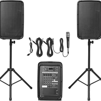 Portable PA System with Microphone, 300W Powered, Sound System with 8 Channel Mixer, Dual 8'' Speakers, Wireless Bluetooth, Compact Stands, USB SD XLR RCA Inputs, for DJs Events Indoor &Outdoor image 1