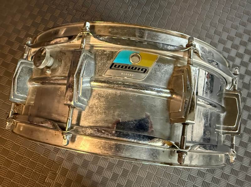 Ludwig No. 400 Supraphonic 5x14" 10-Lug Aluminum Snare Drum with Pointed Blue/Olive Badge 1969 - 1979 - Chrome-Plated image 1