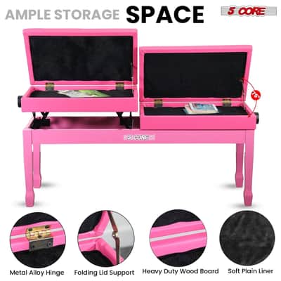 5 Core Duet Piano Bench 3.5 Inch Padded Cushioned Stool Wooden Heavy Duty Musician Chair Height Adjustable Double Keyboard Seat w Storage Nonslip Pink - PNB DT PNK-Pink image 4